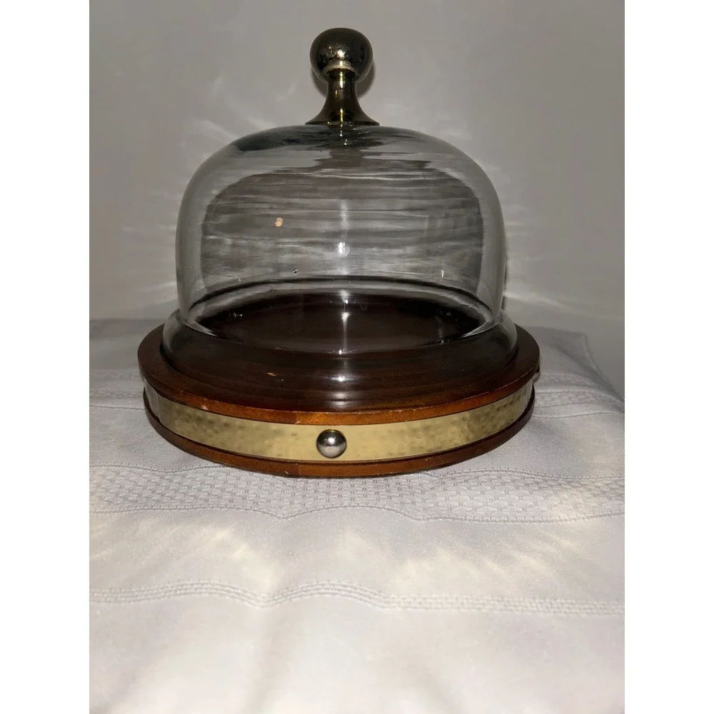 Glass Cloche Dome with Wood Base Brass Hammered Trim Small Cake Cheese Stand
